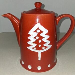 Red Teapot with White Tree Design, Christmas